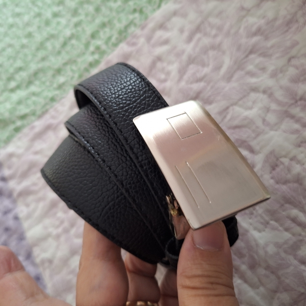 Men's Black Leather Belt with Silver Buckle